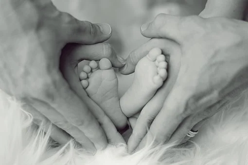 image périnatalité pied enfant et mains adultes